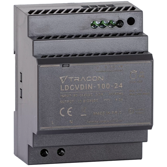 TRACON DIN sínre szerelhető tápegységszabályozható DC kimenettel, 100-200VAC, 3A/DC24V, 3,83A/92W (LDCVDIN-100-24)