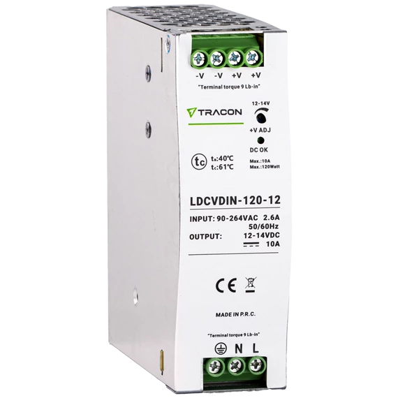 TRACON DIN sínre szerelhető tápegységszabályozható DC kimenettel, 100-200VAC, 2,6A/DC12V, 10A/120W (LDCVDIN-120-12)