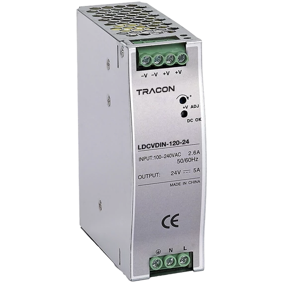 TRACON DIN sínre szerelhető tápegységszabályozható DC kimenettel, 100-200VAC, 2,6A/DC24V, 5A/120W (LDCVDIN-120-24)