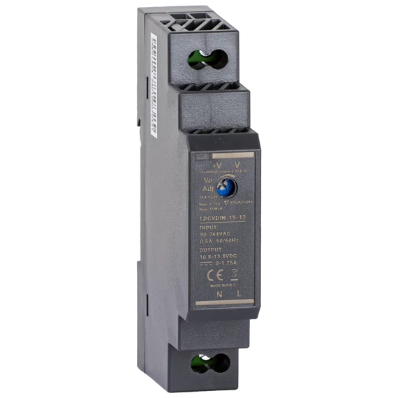 TRACON DIN sínre szerelhető tápegységszabályozható DC kimenettel, 100-200VAC, 0,5A/DC12V, 1,25A/15W (LDCVDIN-15-12)