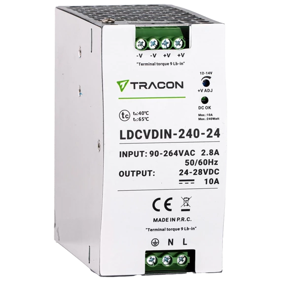 TRACON DIN sínre szerelhető tápegységszabályozható DC kimenettel, 100-200VAC, 2,8A/DC24V, 10A/240W (LDCVDIN-240-24)