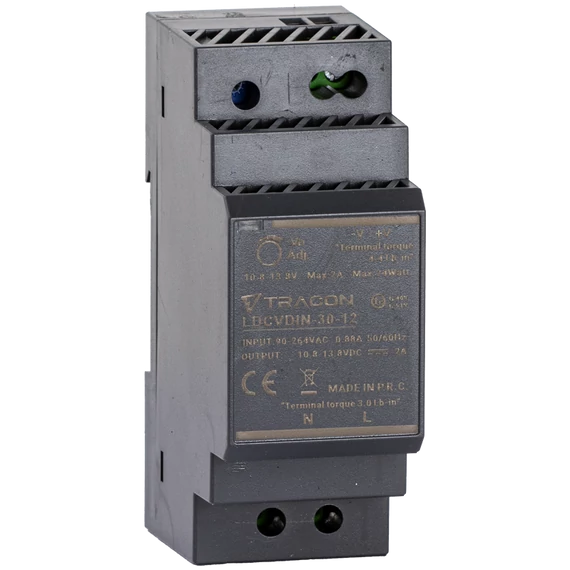 TRACON DIN sínre szerelhető tápegységszabályozható DC kimenettel, 100-200VAC, 0,88A/DC12V, 2A/24W (LDCVDIN-30-12)
