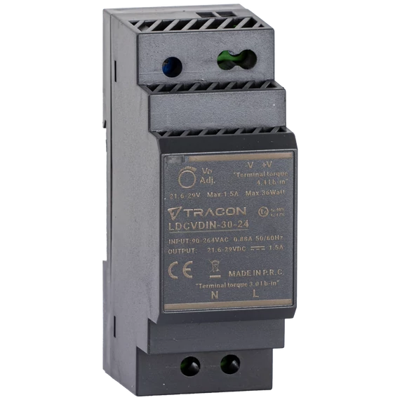 TRACON DIN sínre szerelhető tápegységszabályozható DC kimenettel, 100-200VAC, 0,88A/DC24V, 1,5A/36W (LDCVDIN-30-24)