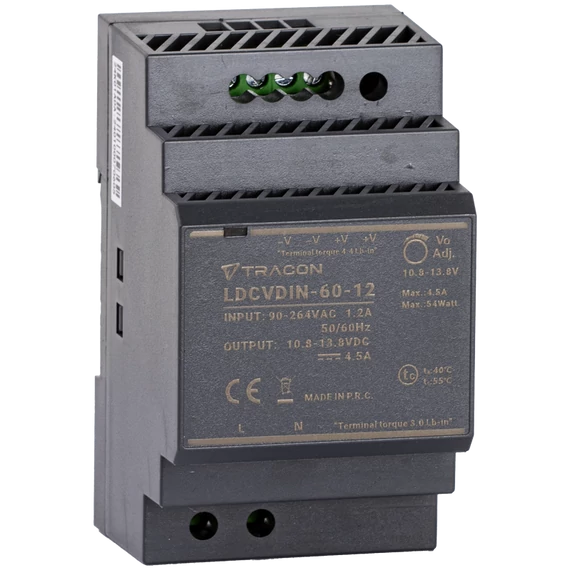 TRACON DIN sínre szerelhető tápegységszabályozható DC kimenettel, 100-200VAC, 3A/DC12V, 4,5A/54W (LDCVDIN-60-12)