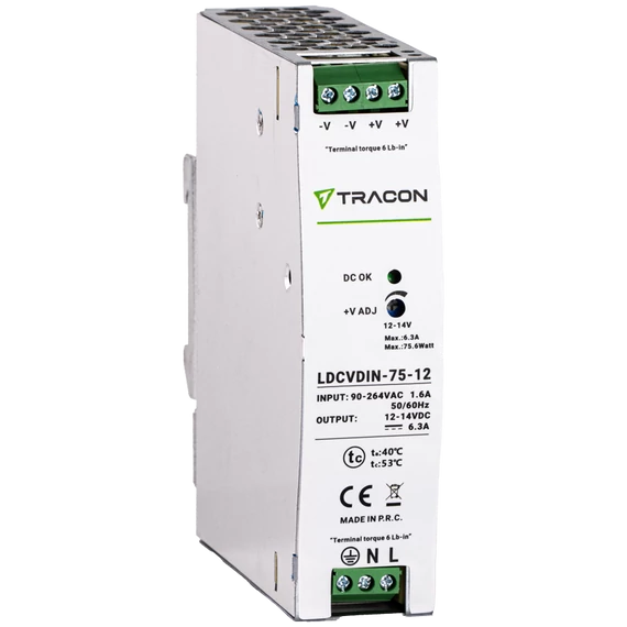 TRACON DIN sínre szerelhető tápegységszabályozható DC kimenettel, 100-200VAC, 1,6A/DC12V, 6,3A/75W (LDCVDIN-75-12)