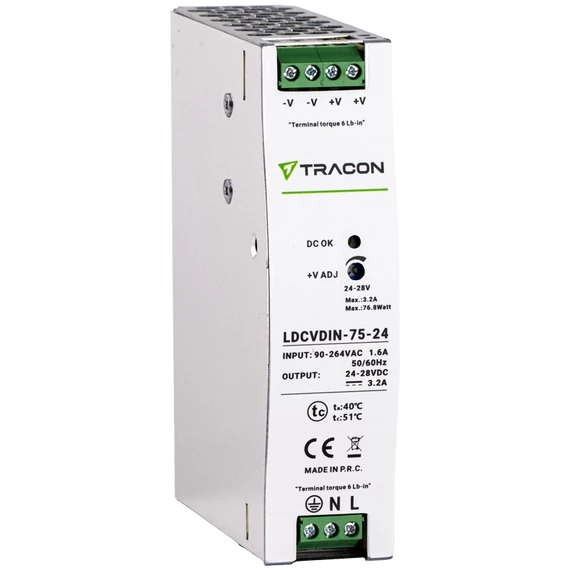 TRACON DIN sínre szerelhető tápegységszabályozható DC kimenettel, 100-200VAC, 1,6A/DC24V, 3,2A/75W (LDCVDIN-75-24)