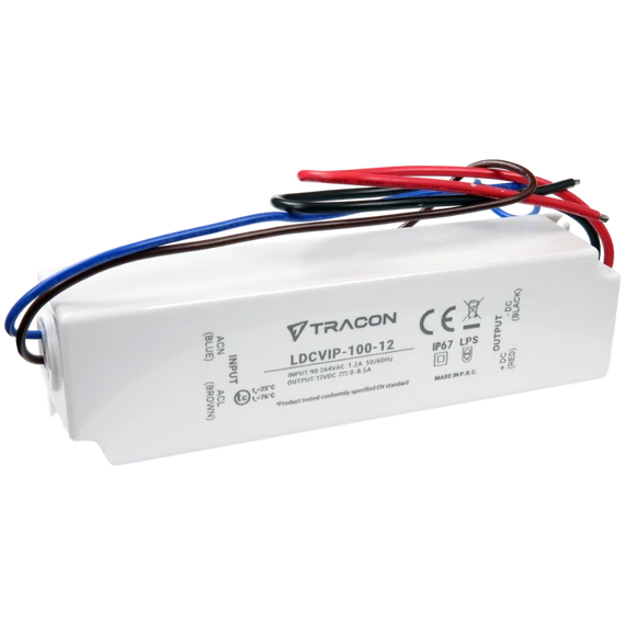 TRACON Védett műanyag házas LED meghajtó, 90-264VAC/12VDC, 100W, 0-8,5A, IP67 (LDCVIP-100-12)