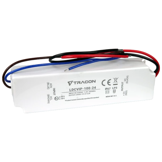 TRACON Védett műanyag házas LED meghajtó, 90-264VAC/24VDC, 100W, 0-4,2A, IP67 (LDCVIP-100-24)