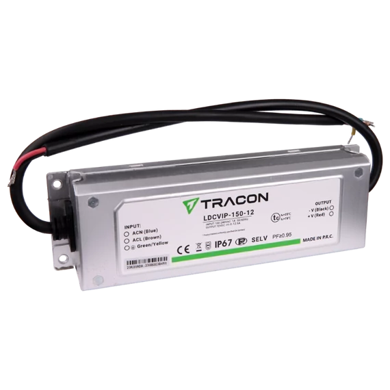 TRACON Védett fém házas LED meghajtó, 100-240VAC/12VDC, 150W, 0-12,5A, IP67 (LDCVIP-150-12)