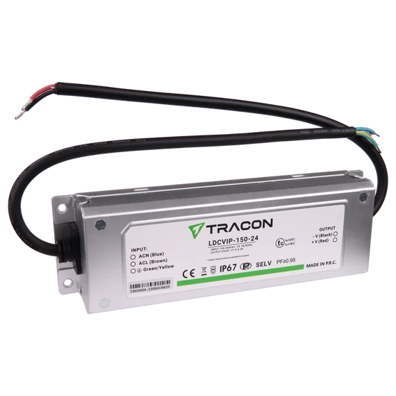 TRACON Védett fém házas LED meghajtó, 100-240VAC/24VDC, 150W, 0-6,3A, IP67 (LDCVIP-150-24)