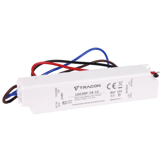 TRACON Védett műanyag házas LED meghajtó, 180-264VAC/12 VDC, 18W, 0-1,5A, IP67 (LDCVIP-18-12)