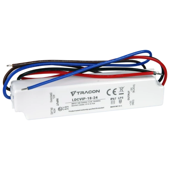 TRACON Védett műanyag házas LED meghajtó, 180-264VAC/24VDC, 18W, 0-0,75A, IP67 (LDCVIP-18-24)