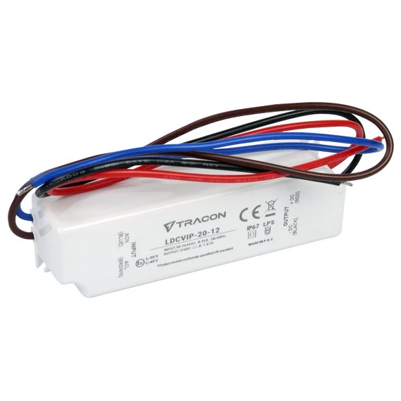 TRACON Védett műanyag házas LED meghajtó, 90-264VAC/12VDC, 20W, 0-1,67A, IP67 (LDCVIP-20-12)