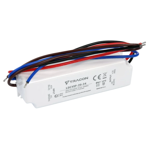 TRACON Védett műanyag házas LED meghajtó, 90-264VAC/24VDC, 20W, 0-0,84A, IP67 (LDCVIP-20-24)