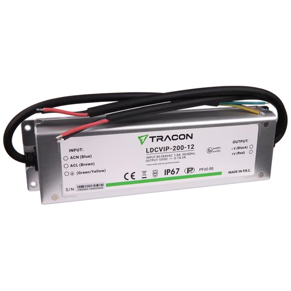 TRACON Védett fém házas LED meghajtó, 90-264VAC/12VDC, 200W, 0-16,5A, IP67 (LDCVIP-200-12)