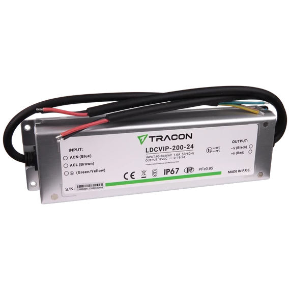 TRACON Védett fém házas LED meghajtó, 90-264VAC/24VDC, 200W, 0-8,5A, IP67 (LDCVIP-200-24)