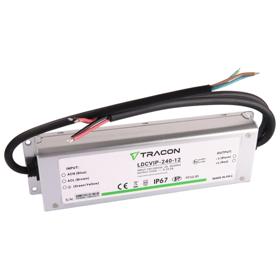 TRACON Védett fém házas LED meghajtó, 100-240VAC/12VDC, 240W, 0-20A, IP67 (LDCVIP-240-12)