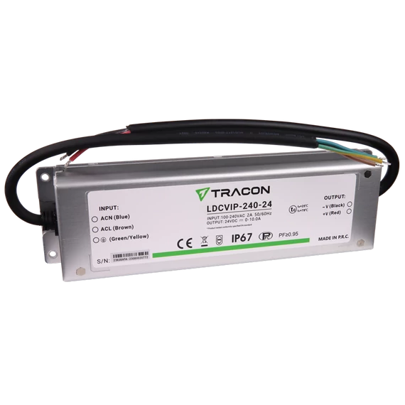 TRACON Védett fém házas LED meghajtó, 100-240VAC/24VDC, 240W, 0-10A, IP67 (LDCVIP-240-24)