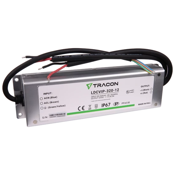 TRACON Védett fém házas LED meghajtó, 90-264VAC/12VDC, 320W, 0-26.5A, IP67 (LDCVIP-320-12)