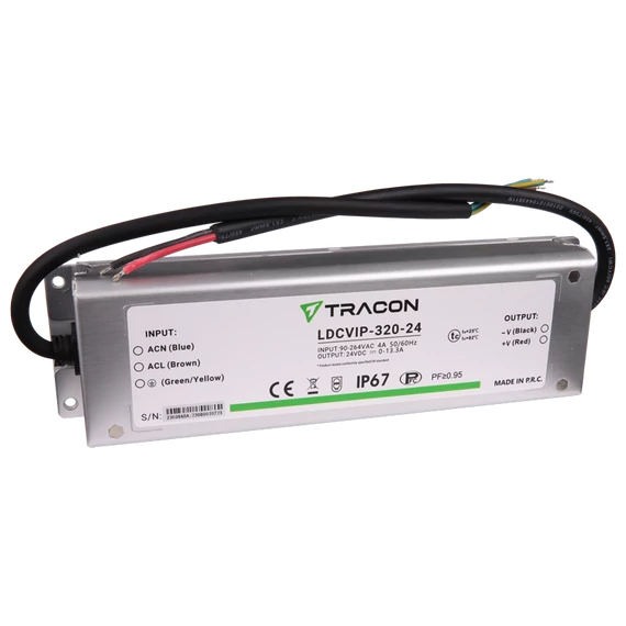 TRACON Védett fém házas LED meghajtó, 90-264VAC/24VDC, 320W, 0-13,3A, IP67 (LDCVIP-320-24)