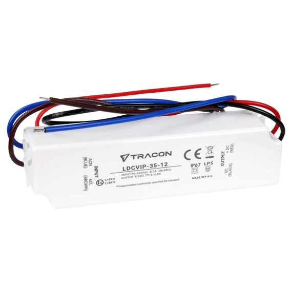 TRACON Védett műanyag házas LED meghajtó, 90-264VAC/12 VDC, 35W, 0-3A, IP67 (LDCVIP-35-12)