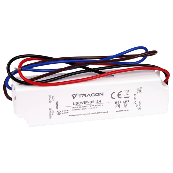 TRACON Védett műanyag házas LED meghajtó, 90-264VAC/24VDC, 35W, 0-1,5A, IP67 (LDCVIP-35-24)