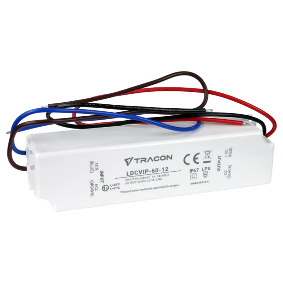 TRACON Védett műanyag házas LED meghajtó, 90-264VAC/12VDC, 60W, 0-5A, IP67 (LDCVIP-60-12)