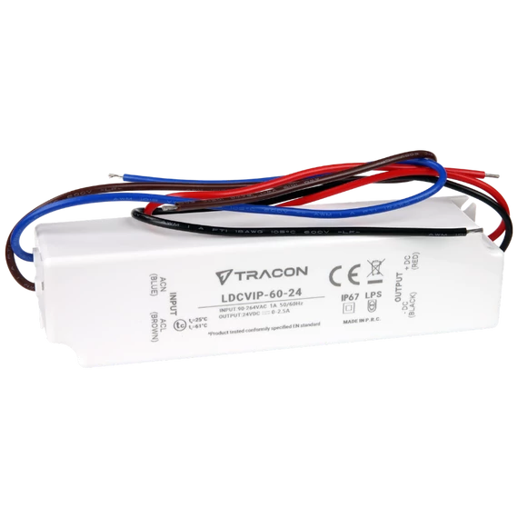 TRACON Védett műanyag házas LED meghajtó, 90-264VAC/24VDC, 60W, 0-2,5A, IP67 (LDCVIP-60-24)