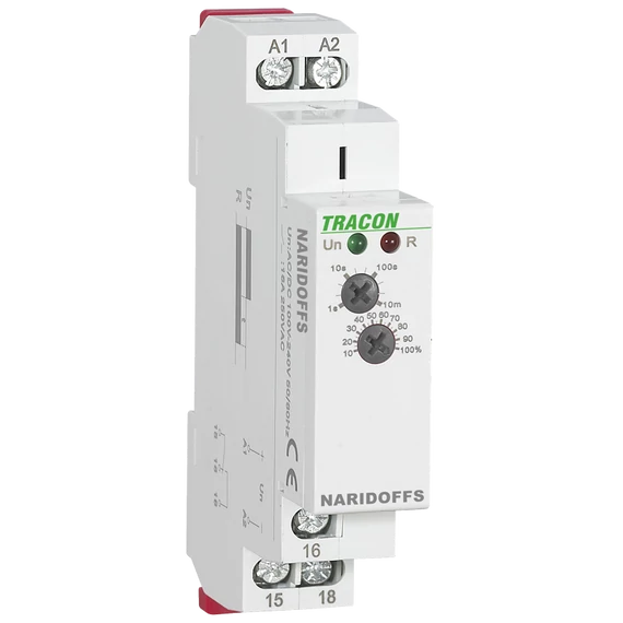 TRACON Elengedéskésleltetéses tápfeszültség vezérelt időrelé, AC/DC 12-240V, 0,1s-10m, 16A/AC1, 250VAC/24VDC (NARIDOFFS)