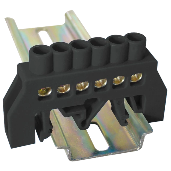 TRACON Szigetelt földelősín (N/PE), fekete, 230/400VAC, 63A, 6x9mm, 6P, IP20 (NPE-BK6-6)