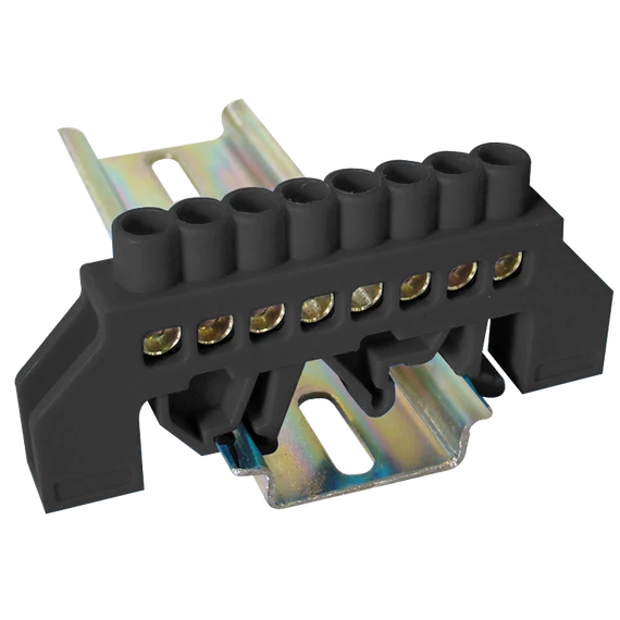 TRACON Szigetelt földelősín (N/PE), fekete, 230/400VAC, 63A, 6x9mm, 8P, IP20 (NPE-BK6-8)