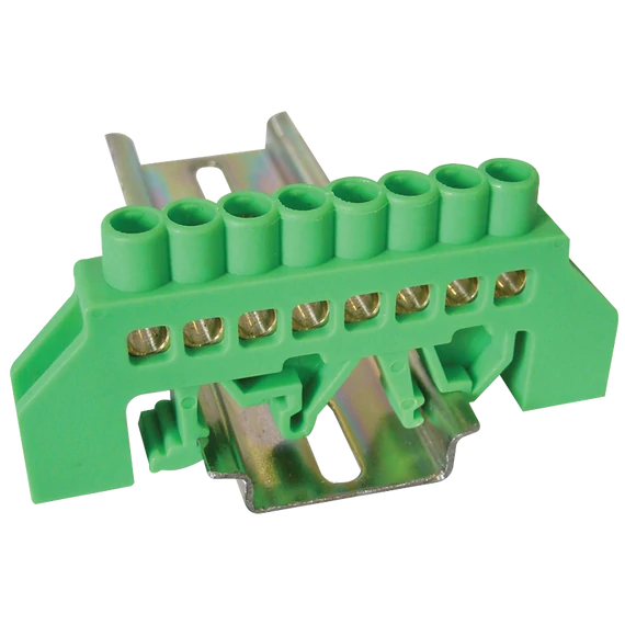 TRACON Szigetelt földelősín (N/PE), zöld, 230/400VAC, 63A, 6x9mm, 8P, IP20 (NPE-G6-8)