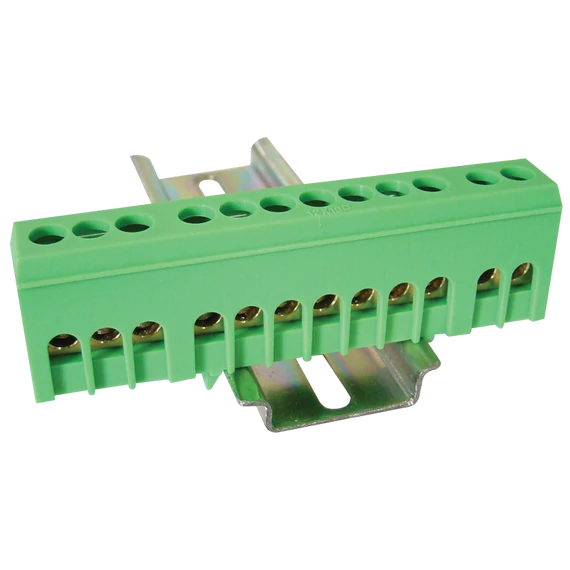 TRACON Szigetelt földelősín (N/PE), zárt, zöld, 230/400VAC, 63A, 6x9mm, 12P, IP20 (NPE-ZG)