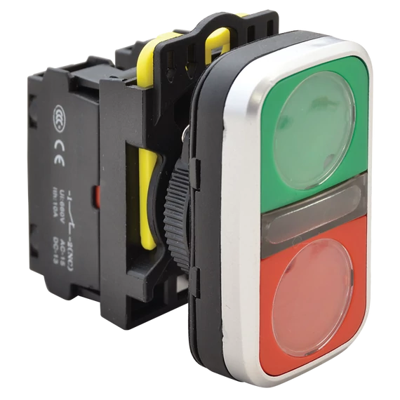 TRACON Kettős BE-KI nyomógomb, zöld+piros, 1xNO+1xNC, 5A/230V AC-15, IP65 (NYG3-D)