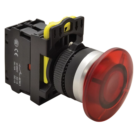 TRACON Gombafejű világító nyomógomb, piros, 1xNC, 5A/230V AC-15, 40mm, IP65, LED 230V AC/DC (NYG3-MLR)