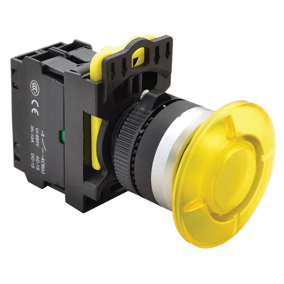 TRACON Gombafejű világító nyomógomb, sárga, 1xNO, 5A/230V AC-15, 40mm, IP65, LED 230V AC/DC (NYG3-MLY)