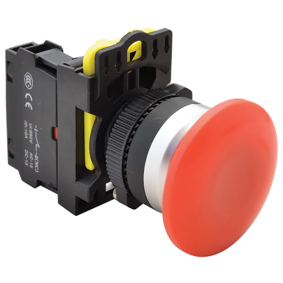 TRACON Gombafejű nyomógomb, piros, 1xNC, 5A/230V AC-15, 40mm, IP65 (NYG3-MR)