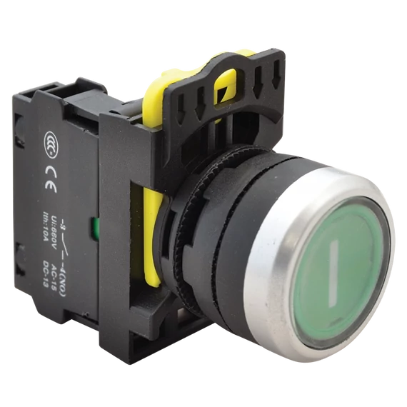TRACON Jelölt nyomógomb, zöld, (fehérI), 1xNO, 5A/230V AC-15, IP65 (NYG3-P1)