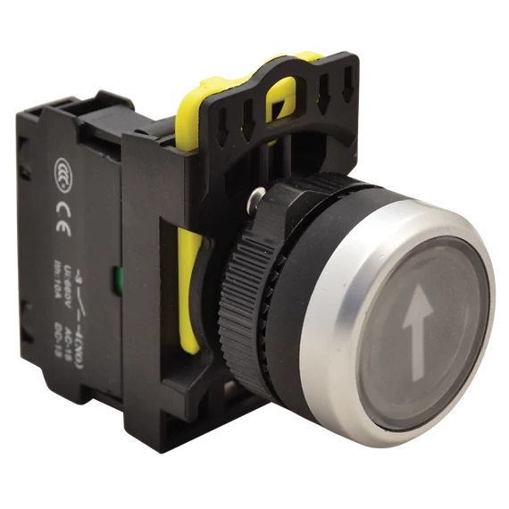 TRACON Jelölt nyomógomb, fekete, (fehér nyíl), 1xNO, 5A/230V AC-15, IP65 (NYG3-P4)