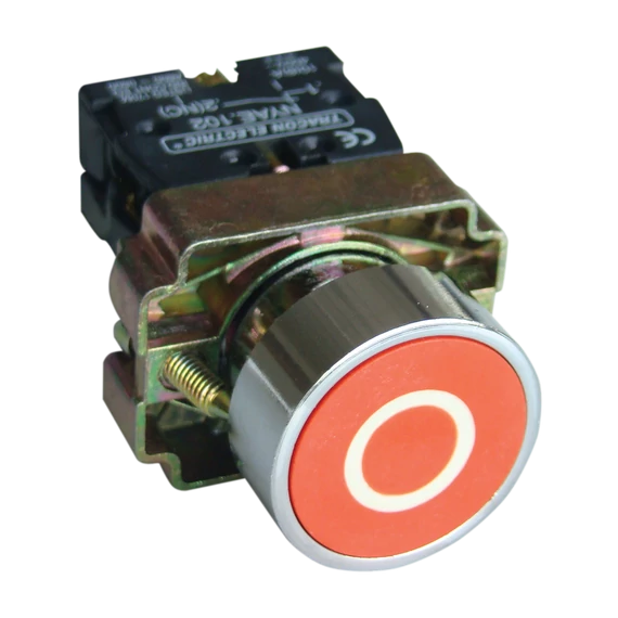 TRACON Jelölt nyomógomb, fémalapra szerelt, piros, (fehér 0), 1xNC, 3A/240V AC, IP42 (NYGBA4222P)
