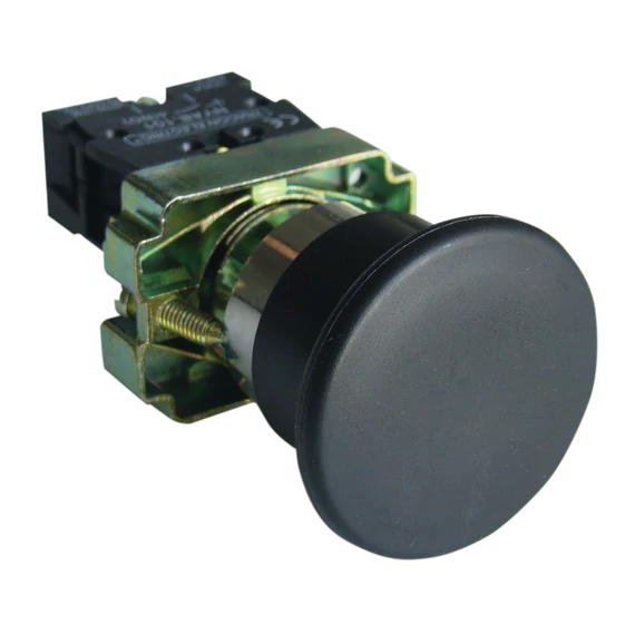 TRACON Tokozott gombafejű nyomógomb, fémalapra szerelt, fekete, 1xNO, 3A/400V AC, IP44, d=40mm (NYGBC21T)
