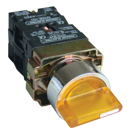 TRACON Tokozott világítókaros kapcsoló, sárga, LED,3állású, izzó n., 1xNC+1xNO, 3A/400V AC, IP44 (NYGBK3565ST)