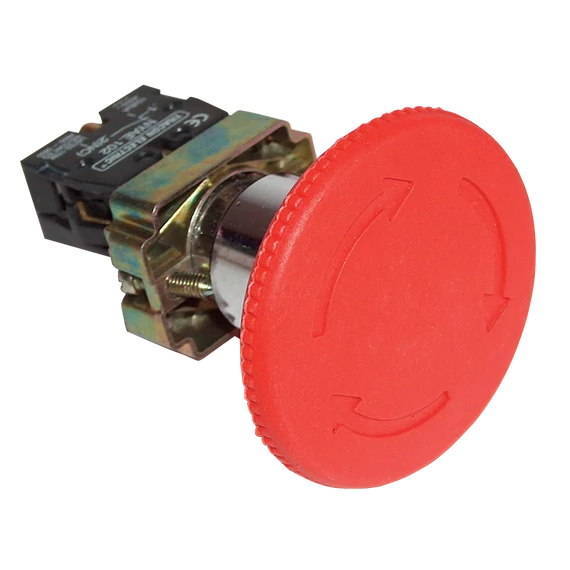 TRACON Tokozott reteszelt gombafejű vészgomb, piros, elfordítással, 1xNC+1xNO, 3A/400V AC, IP44, d=40mm (NYGBS8445PT)