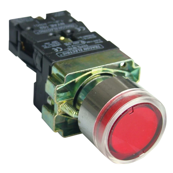TRACON Tok. világító nyomógomb, fémalap, piros,glim, izzó nélkül, 1xNC, 3A/400V AC, 230V, IP44 (NYGBW33PT)