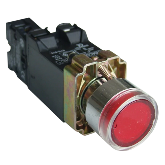 TRACON Világító nyomógomb, fémalap, trafóval, piros, glim, izzó nélk., 1xNC, 3A/400V AC, 6V, IP42 (NYGBW3451P)