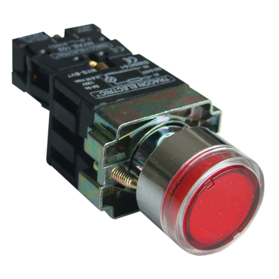 TRACON Világító nyomógomb, fémalap, előtét, piros, glim, izzó nélk., 1xNC, 3A/230V AC, 130V, IP42 (NYGBW3471P)