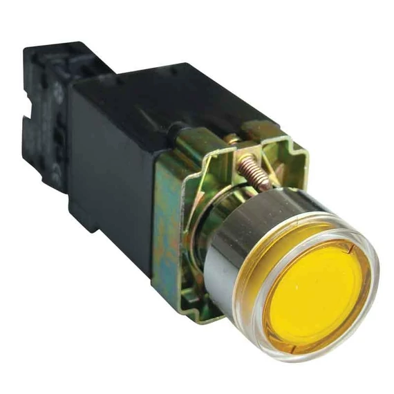 TRACON Világító nyomógomb, fémalap, trafóval, sárga, glim, izzó nélk., 1xNO, 3A/230V AC, 6V, IP42 (NYGBW3541S)