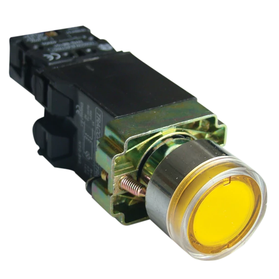 TRACON Világító nyomógomb, fémalap, trafóval, sárga, glim, izzó nélk., 1xNO, 3A/400V AC, 6V, IP42 (NYGBW3551S)