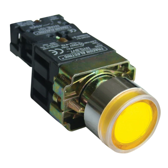 TRACON Tok.világító nyomógomb, fémalap, előtét, sárga, glim, izzó nélk., 1xNO, 3A/230V AC, 130V, IP44 (NYGBW3571ST)