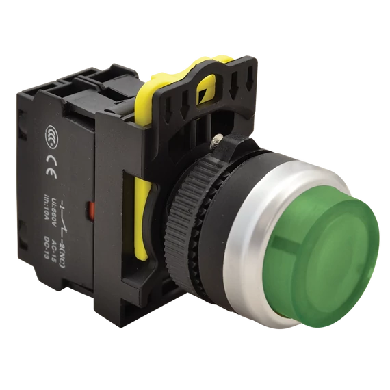 TRACON Világító nyomókapcsoló, kiálló, zöld, 1xNO, 5A/230V AC-15, IP42, LED 230V AC/DC (NYK3-HLG)